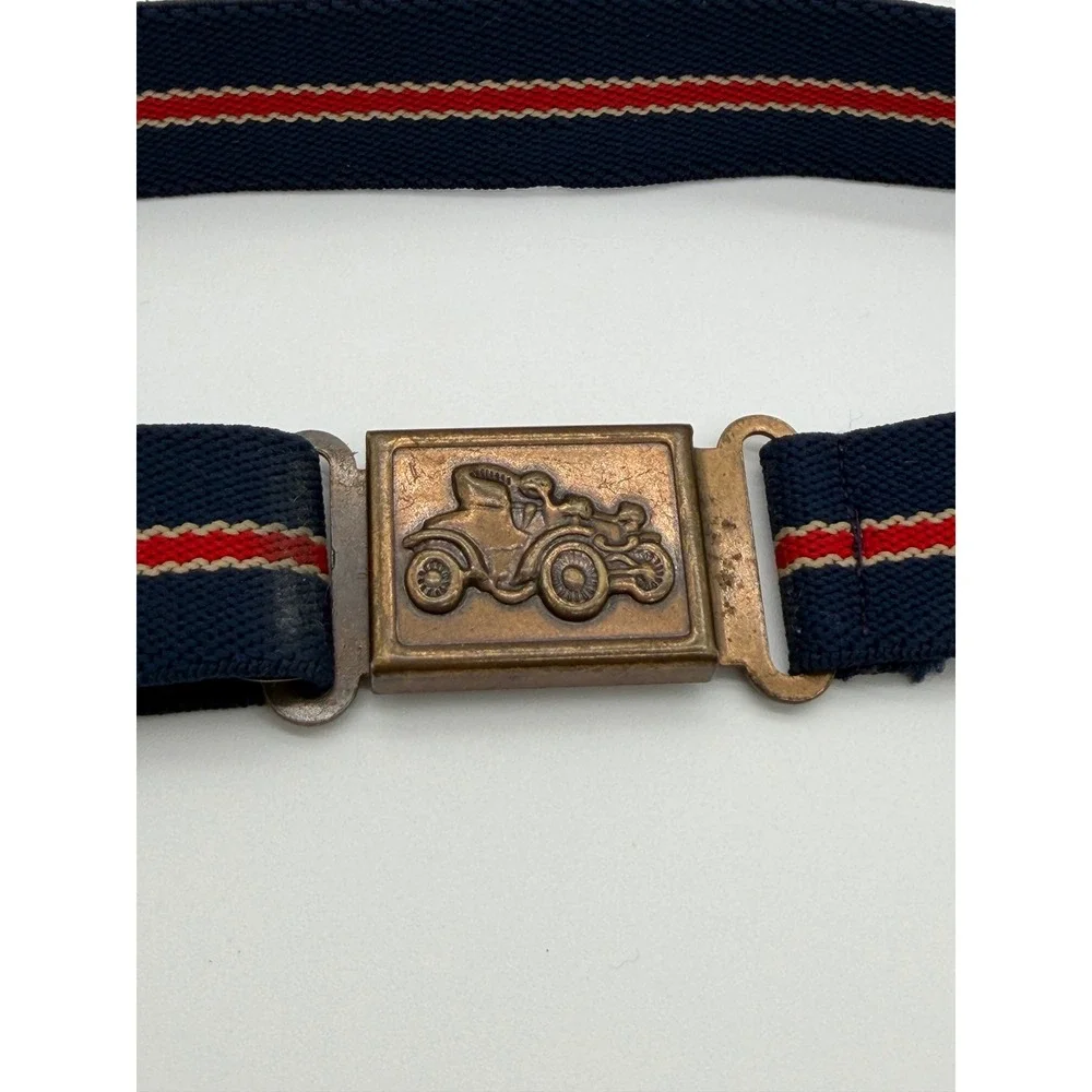 Vintage 70's Kids Elastic Belt Navy Blue Red Striped Brass Car Buckle Adjustable